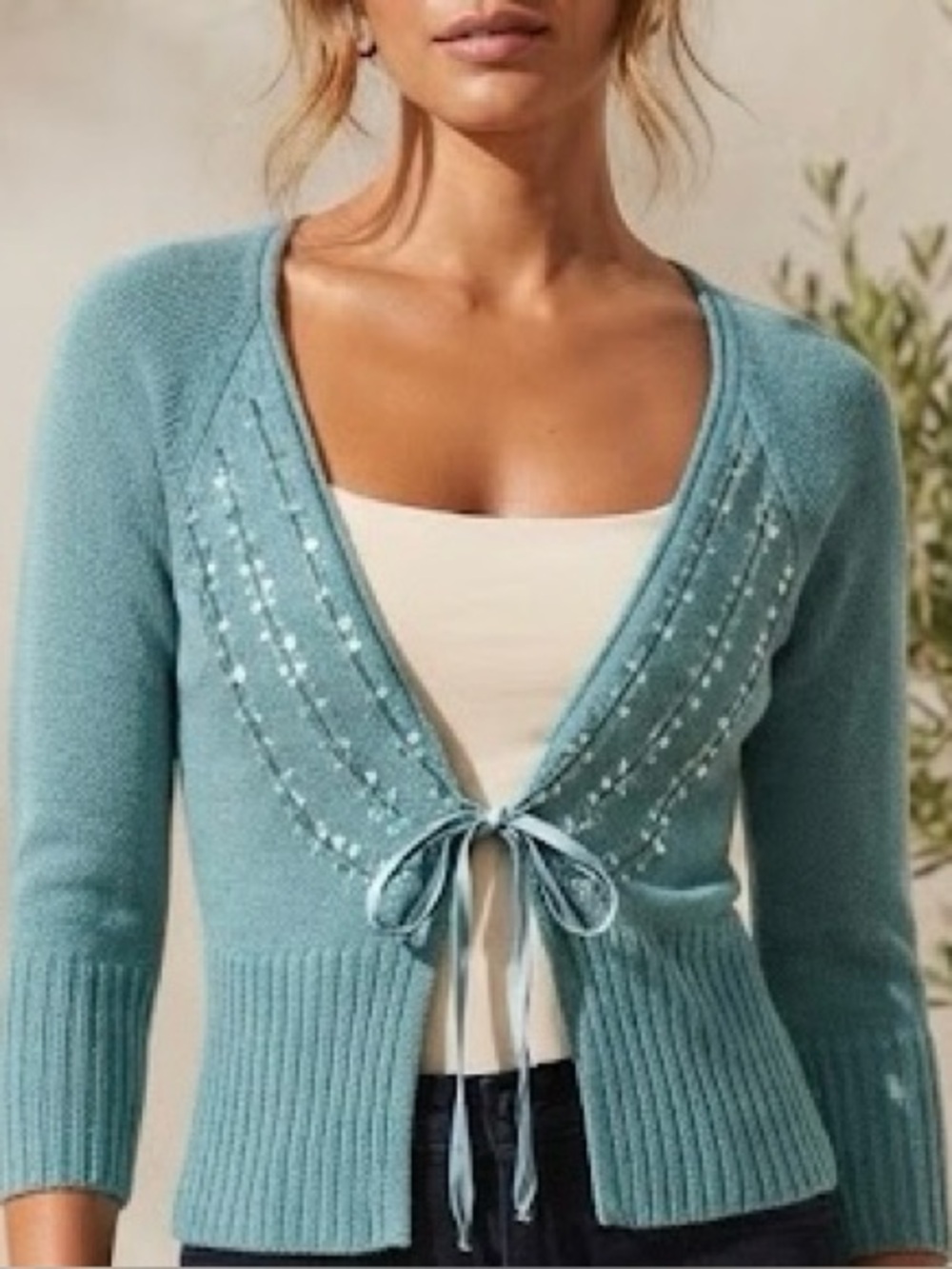 Mixit Teal Embellished Tie-Front mohair blend Knit Cardigan M